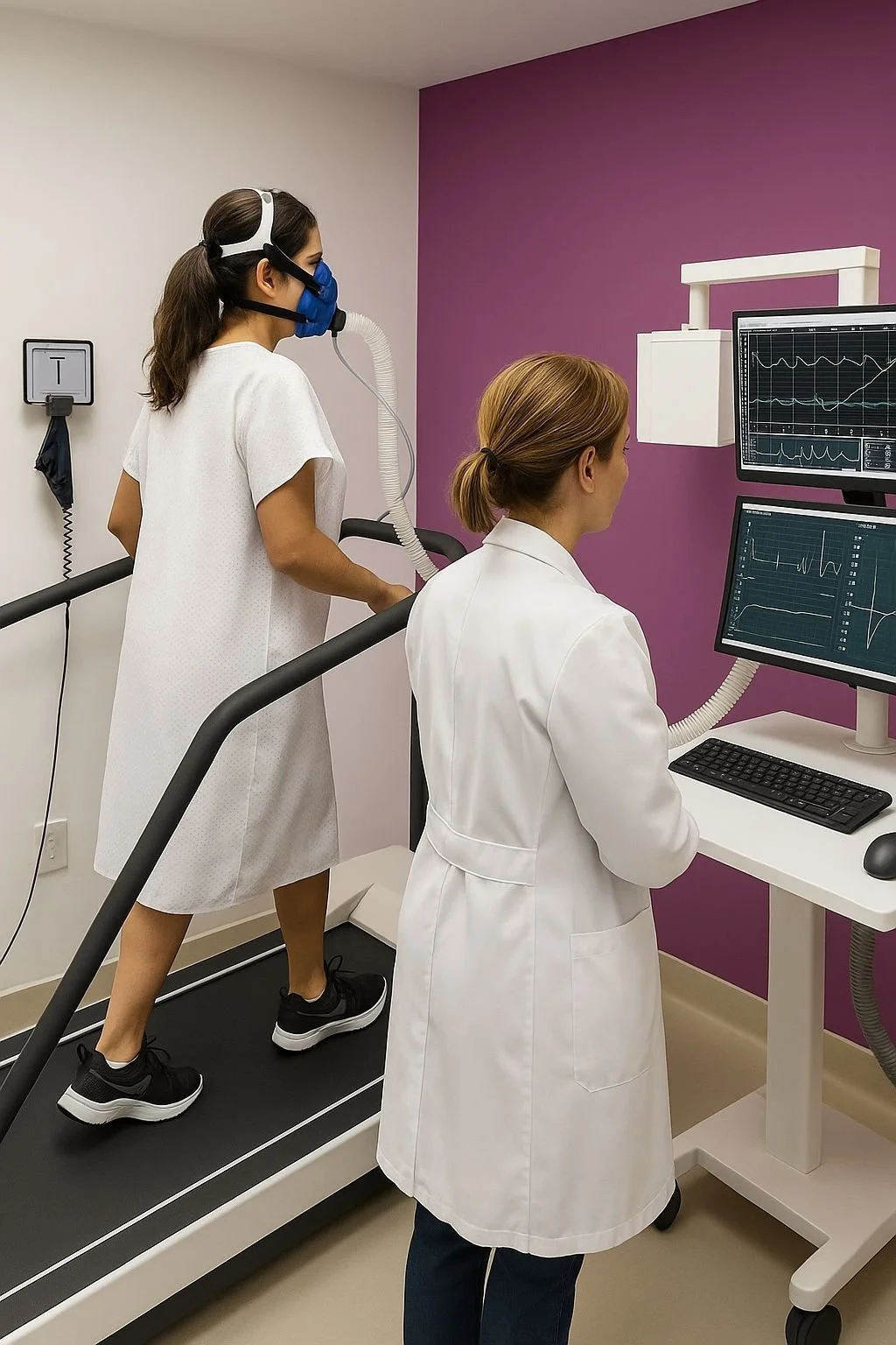 Prueba de esfuerzo cardiopulmonar CPET — paciente en bicicleta ergométrica con mascarilla de análisis de gases y monitor de signos vitales en Medimanage Research CDMX